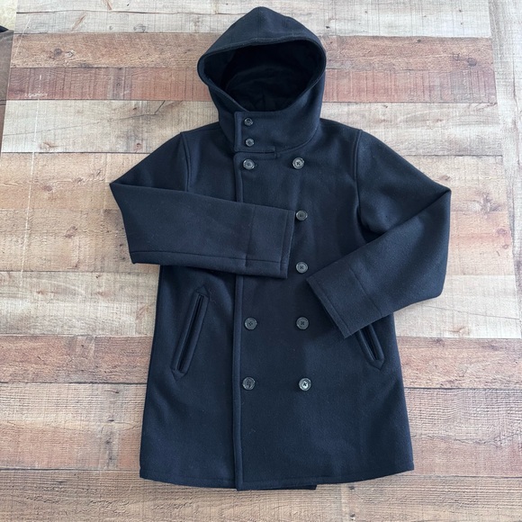 Polo Jeans Company Ralph Lauren Double Breast Wool Pea Coat Hood Black SMALL